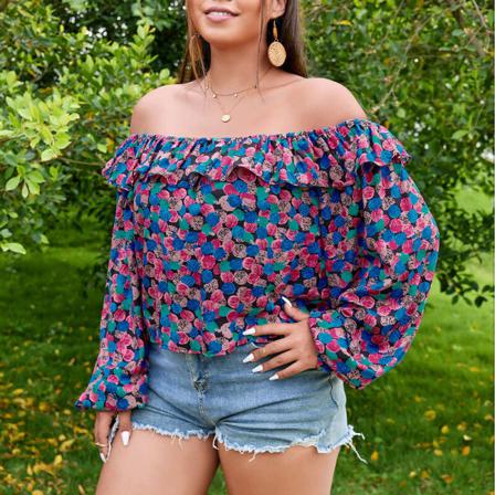 T-shirt Med Blommönster För Damer, Off Shoulder Print