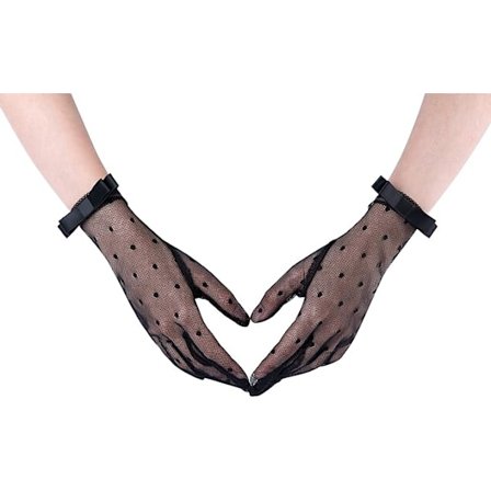 Musta - Lyhyet hansikkaat, pitsi, naiselliset, ruseteilla, neulotut, asuste