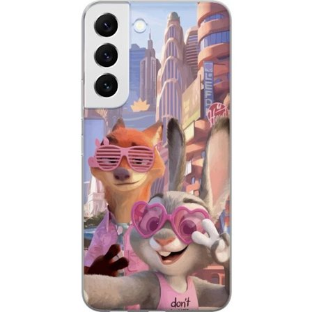 Kompatibelt Mobildeksel til Samsung Samsung Galaxy S22+ 5G Animerede dyr i et solfylt bymiljø med rosa solbriller og en positiv melding i en fargerik