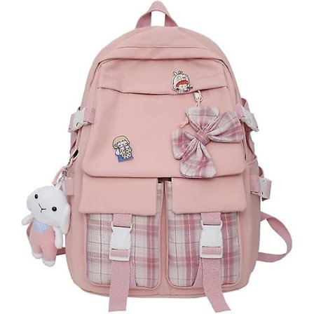Kawaii Rygsæk Teenager Pige Japanske Skoletasker med Stor Sløjfe Kawaii Skoleartikler Ternet Preppy Rygsæk Piger (Pink, One Size)