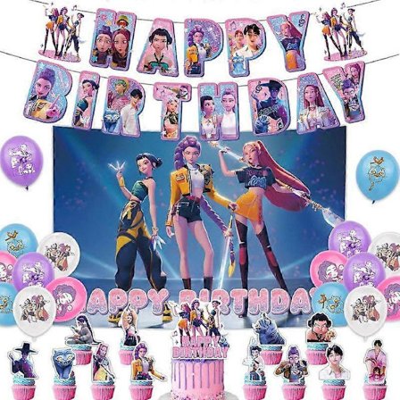 Kpop Demon Hunters Födelsedagsdekorationer - Koreanska Idol Tema Festtillbehör med Grattis på Födelsedagen Banner