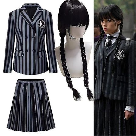 Onsdag Addams Antrekksett 5-10 Jenter Dress Jakke+skjørt/kostyme+parykker