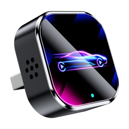 Trådlös CarPlay Android Auto 2-i-1 Adapter Box - Svart med Lysande Billogo, Kompatibel med Bilar med Trådbunden CarPlay