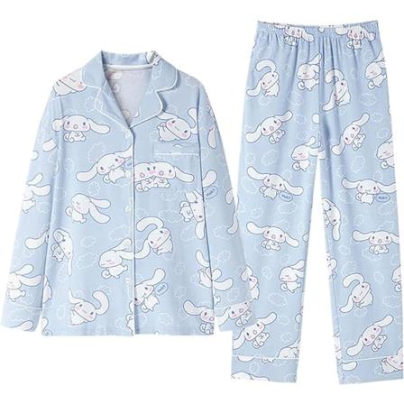 Kawaii Tegneserie Pyjamas til Kvinner og Jenter - Langærmet Skjorte med Pyjamasbukser - Soveklær - Hjemmetøy - 2-delt Pyjamassett Cinnamoroll L