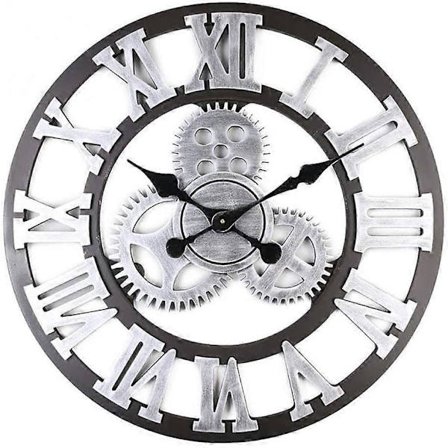 3D Stor Klassisk Vintage Lydløs Veggklokke Retro Tannhjul Hengende Klokke Romertall Urmaker Europeisk Stil Steampunk, Sølv, 40 * 40cm