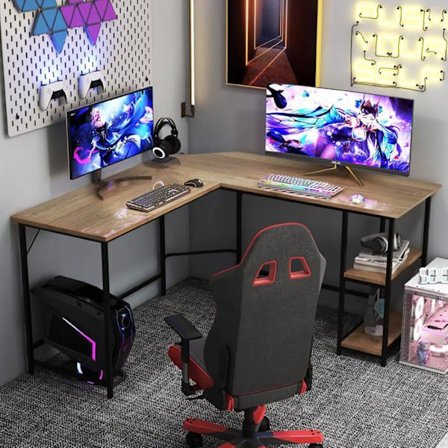 COSTWAY L-muotoinen tietokoneen kulmapöytä 138 CM, teollinen hiiliteräskehyksellä, 2-kerroksinen hylly, luonnollinen