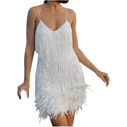 Cocktailkjoler for kvinner, sexy dyp V-hals, full av frynser, spaghettistropper, kjole med paljetter og fjær for ball