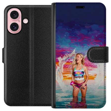 Kompatibel Tegnebogsetui til Apple iPhone 16 Blond kvinde i farverigt strandtøj, der leger i havet ved solnedgang