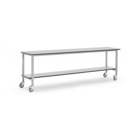 Arbetsbord MOTION på hjul, 2500x600mm inkl underhylla, ljusgrå