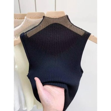 Mesh Strikket Topp Halvhalsvest SVART