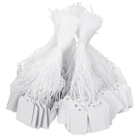 100-pak papiretiketter / prismærker med snor Hvid 2,4 x 1,4 cm