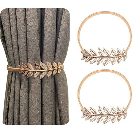 2 kappaletta kultaisen lehden muotoiset verhonpidikkeet, minimalistiset verhot