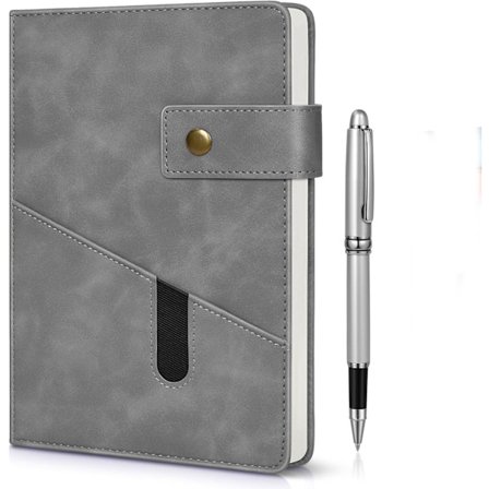 A5 Linjert Lær Notatbok Journal - Personlig Innbundet Dagbok Med Penn - 15 x 21 cm Student Kontor Notatbok - Grå