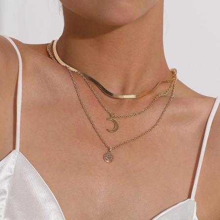 Guld Halsband / Choker Med 3 Kedjor: Ormlänk, Måne & Livets Träd Guld