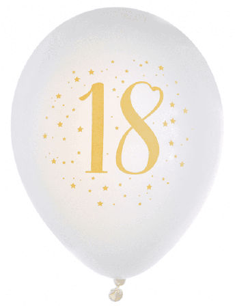 Balloner hvide & guld 18 år 8-pak