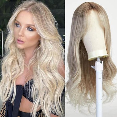 Lang bølget blond paryk til kvinder, naturligt syntetisk hår, varmebestandig gradientfarve paryk, egnet til daglig festrollespil