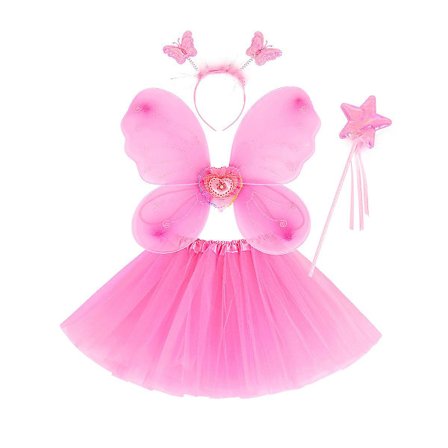 Fe-kostume til børn, prinsesse-fe-kostume, fe-sommerfuglevinger, sæt med kort nederdel, vinger, tryllestav - pink ensfarvet
