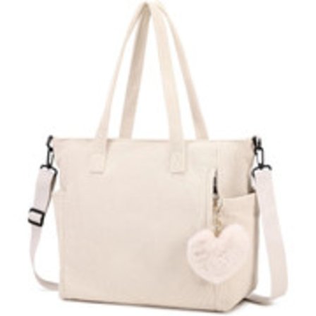 Hot damehåndveske, Corduroy shopper bag for kvinner, stor skoleveske for kontor, skole og shopping hvit