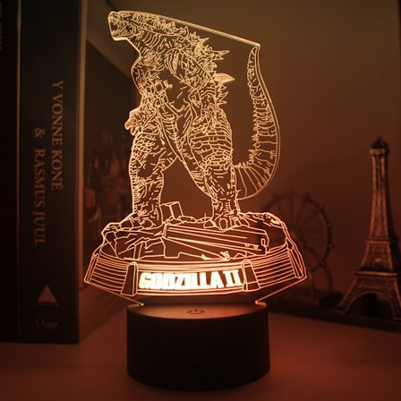 3D Illusion Natlampe, 16 Farver Skifter med Fjernbetjening, Børneværelse Dekoration(Godzilla)