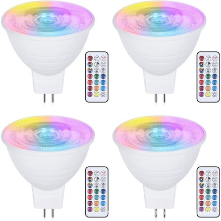 MR16 RGB LED-lamput 3W, 12V himmennettävä värinvaihtospotti kaukosäätimellä, 16 väriä + 3000K lämmin valkoinen, muisti ja ajastin, 4 kpl