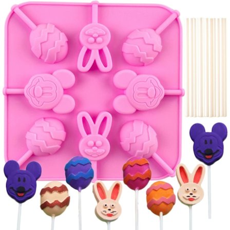 1 x Silikone Lollipopform - 8 hulrum Æg, Kaninhoved og Museform - Lollipopforme til Chokolade, Slik,