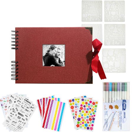 Scrapbog Album Sæt Med Klistermærker, Til Par, Familie, Bryllup, Rejse, Dimission (Rød)