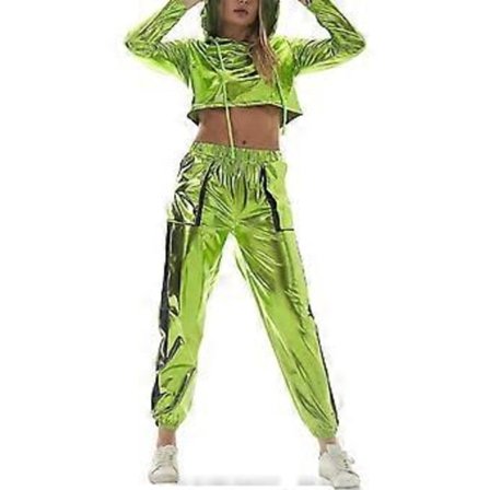 Dame Rave Outfit Skinnende Crop Top Hættetrøje Metallisk Afslappet Lange Bukser Hætte Workout Sweatshirt Disco Danse Clubwear (Small Light Green)