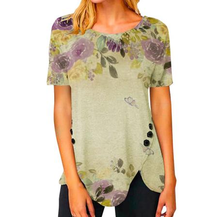 Print T-shirt För Kvinnor Med Blad Tryckt T-shirt