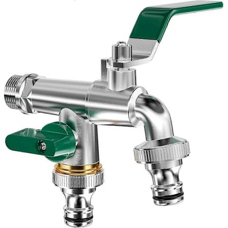 Kaksoispuutarhahana, messinkinen ulkohana, hana kahdella 3/4" ulostulolla ja 1/2" sisääntulolla, pakkasenkestävä hana