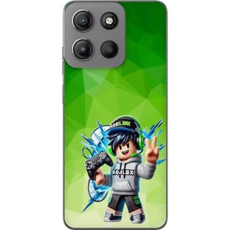 Kompatibelt Mobildeksel til Motorola Moto G15 Power Roblox-inspirert gamerfigur med headset, håndkontroll og energiske effekter mot grønn bakgrunn