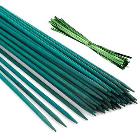 30 cm Gröna Bambupinnar med 50 Gröna Metalliska Twist Ties, Grön Växtpinne, Blomsterpinnar, Träskyltstolpar Trädgårdspinnar, Växtpinnar
