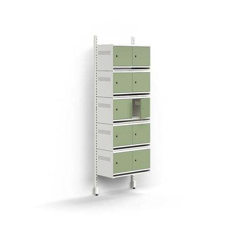 Skoskap, grunnseksjon, vegghengt, 10 metalldører, H1800 B600 D300 mm, hvit/grønn