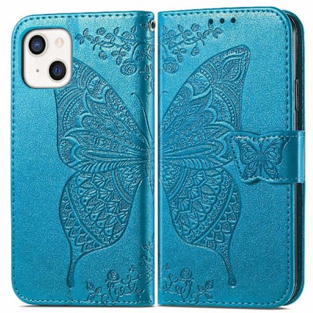 iPhone 13 - Butterfly Print Läder Fodral - Blå