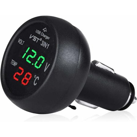 12-24V Billaderuttak med USB-port/Voltmeter/Termometer for biler (Grønn+Rød)