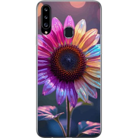 Kompatibelt Mobildeksel til Samsung Galaxy A20s Irideserende blomst med glitrende kronblad i rosa lilla og gull mot myk bokeh bakgrunn