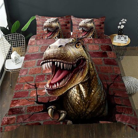 Dinosaur sengetøy, enkeltseng, gutt, dynetrekk, tenåring, voksenrom, dinosaurdekor, sengetøysett med to putetrekk, full størrelse (ingen dyne) rødbrun