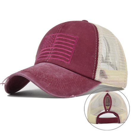 Utrikeshandel Hästsvanshål Cap Amerikanska flaggan Peaked Cap Broderad Mesh Cap Dam Cap Med Hårförlängning Häst Svans Baseball Cap