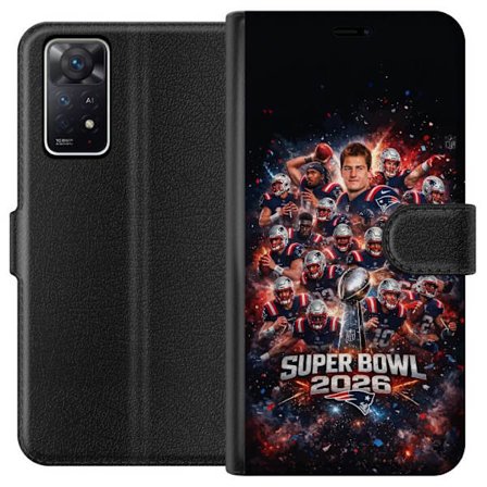 Yhteensopiva Lompakkokotelo Xiaomi Redmi Note 11 Pro 5G Super Bowl 2026 juliste, jossa New England Patriots ja NFL-mestaruuspalkinto räjähtävän ur