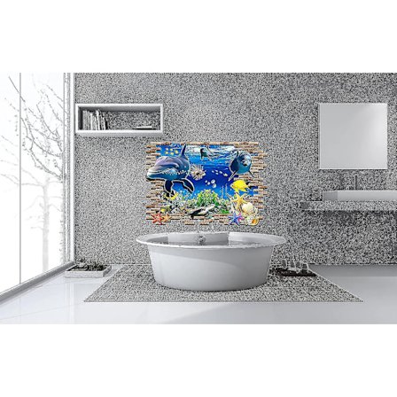 3D havveggklistremerfjerning av delfinveggdekorasjonfjerning av undervannsverdens gulvklistremerker for badstue soverom med tema