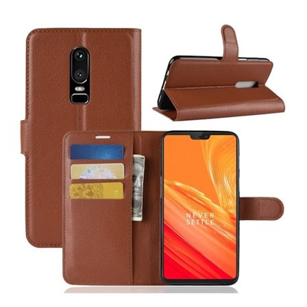 Oneplus 6 beskyttelsesetui i kunstlæder med Litchi overflade. Med stativ og kortlommer - Brun