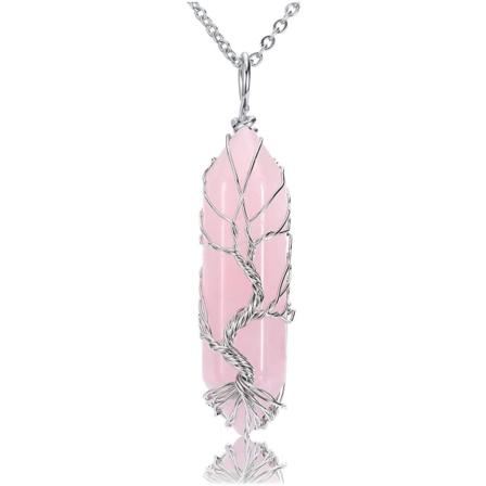 CrystalTears Healing Krystallstein Halskjede Sølv Livets Tre Trådviklet Naturlig Sekskantet Krystallspiss Henge Smykke Rose Quartz 0.43-0.47 inches