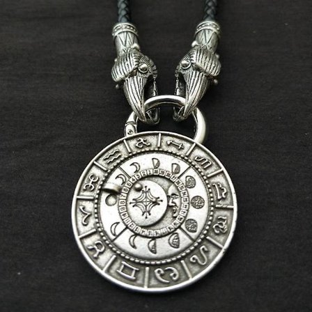 Unisex mode Retro Totem Viking Lunar Amulet Fas Myt Fabel Snidade Skala 12 tecken Disc Halsband