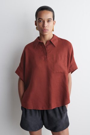 COS Femme Chemise À Demi-Patte En Lin in Rouge