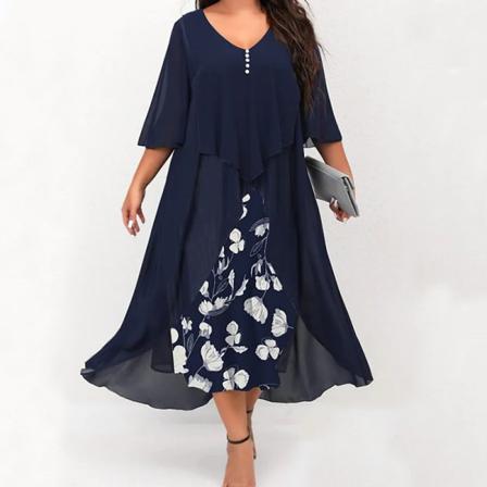 Dam Print Halv Ärm V-hals Falska Två Delar Klänning