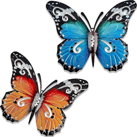 2 stk. utendørs store metall sommerfugl hagedekorasjoner utendørs veggkunst metall sommerfugl for utendørs gjerder skur vegger, 27 x 22 cm (blå og gul