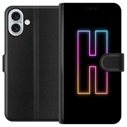 Yhteensopiva Lompakkokotelo Apple Apple iPhone 16 Plus Minimalistinen neonkirjain H väriä vaihtavassa valossa mustaa taustaa vasten modernilla typog