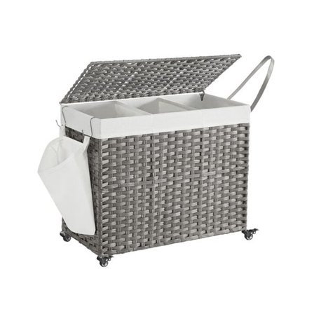 160 L pyykkikori kannella, pyörillä ja kolmella lokerolla - Harmaa