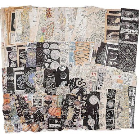 Vintage Scrapbook-tillbehörspack (200 delar) för häxiga Junk Journal Bullet Journals Planerare Rymd Måne Pappersdekaler Hantverkssatser Collage (