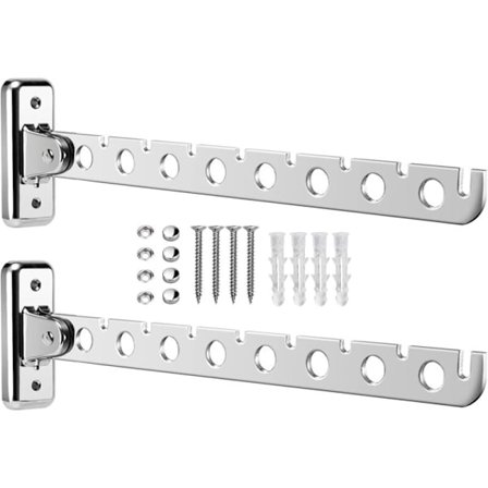 2 stk. vægmonteret tøjbøjlestativ, 90° rotations tørrestativ sammenklappeligt vægmonteret tøjstativ med skruer og rawplugs