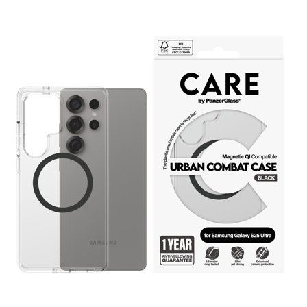 PanzerGlass CARE Galaxy S25 Ultra Urban Combat Qi deksel (sort) Slank design, glatt grep, Qi-kompatibel, laget av resirkulert materiale